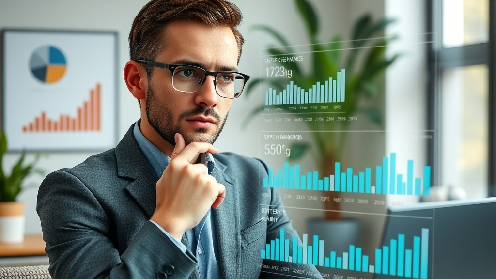 Marketer reviewing data-driven results of authoritative content marketing at scale