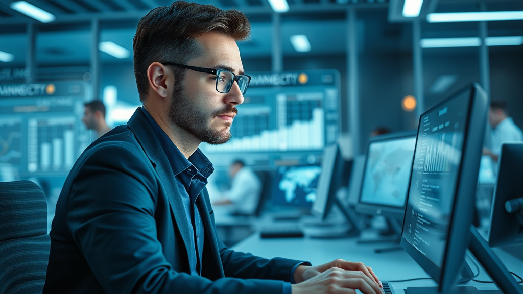 AI local search website data analysis by business owner in a high-tech workspace