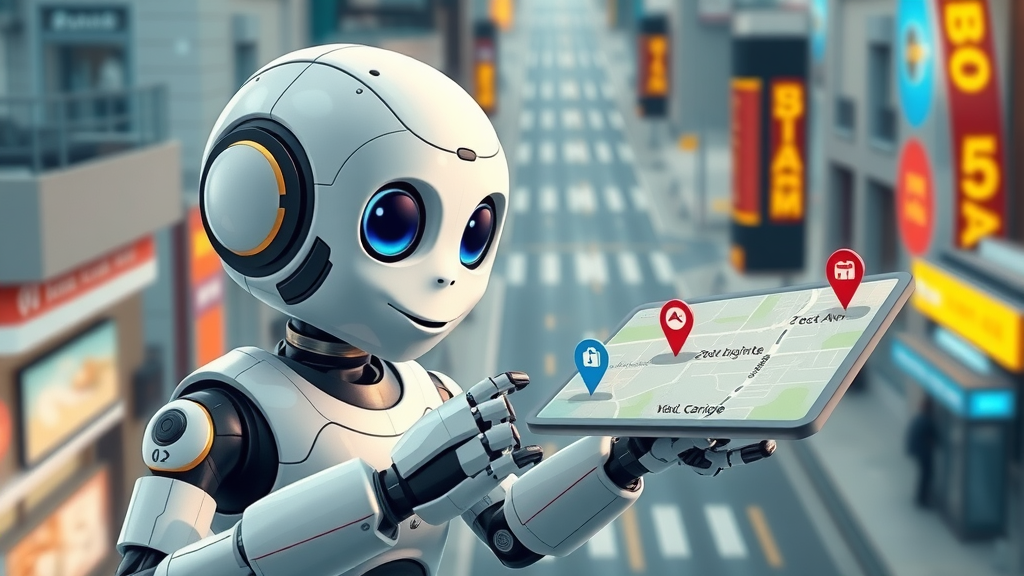 AI robot displaying local search results for businesses on a city map with local business icons