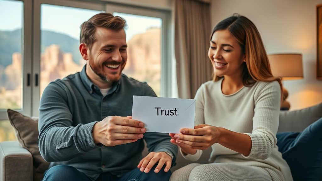 Family passing trust envelope, representing benefits of Utah estate planning to avoid probate in a home with mountain view.