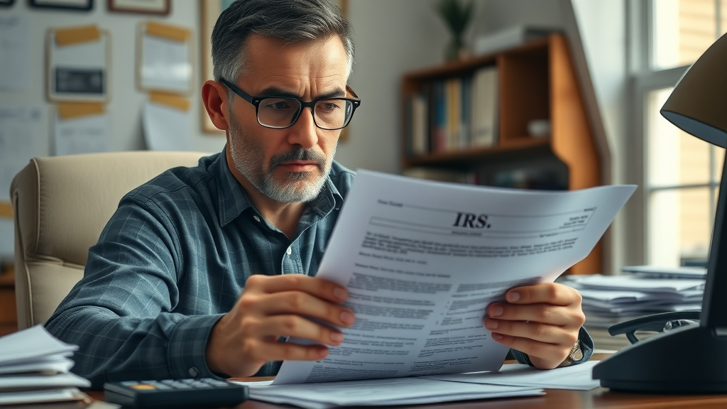 Somber American taxpayer at desk, concerned expression, reviewing IRS letter. IRS payment plan paperwork and calculator on desk.