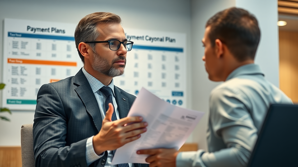 Professional tax advisor explains IRS payment plan options to individual in modern office with payment plan chart.