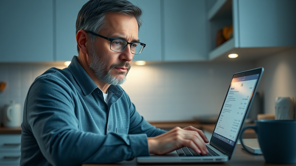 Focused middle-aged man, studious expression, typing application details into IRS portal for a payment plan with IRS on laptop in kitchen.