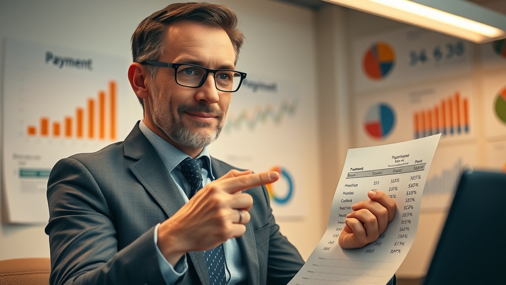 Confident financial advisor demonstrates monthly payment calculation for IRS payment plan with client at desk.