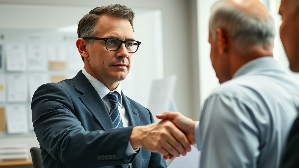Professional enrolled agent negotiates favorable IRS payment plan terms for client in government office with handshake.