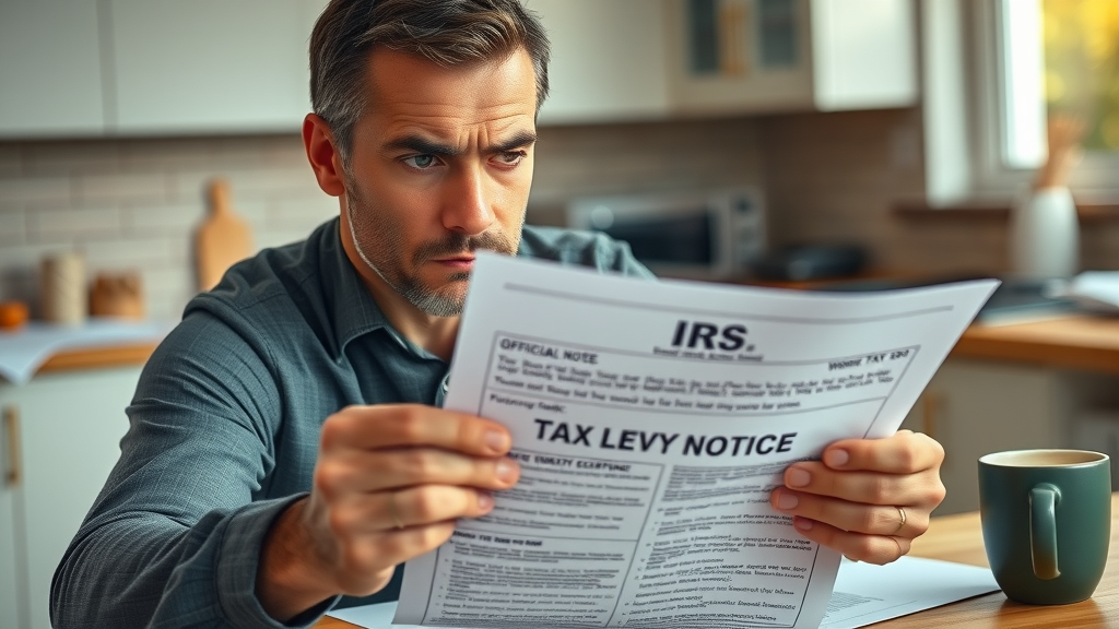 Concerned individual reviewing IRS tax levy notice at kitchen table, tax levy notice paperwork, realistic photo, IRS levy