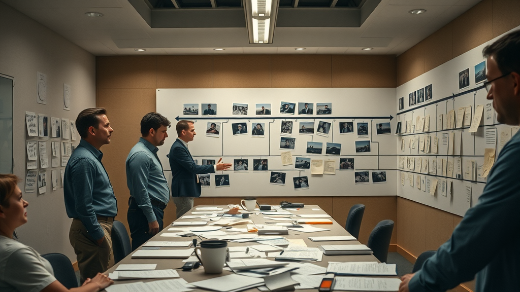 illustration showing the timeline of cracker barrell fiasco events, with analysts and journalists reviewing a wall of notes and photos