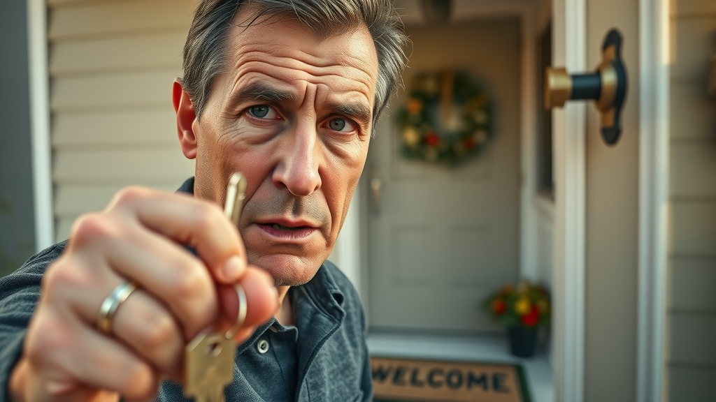 Concerned homeowner at front door calling for residential locksmith services help