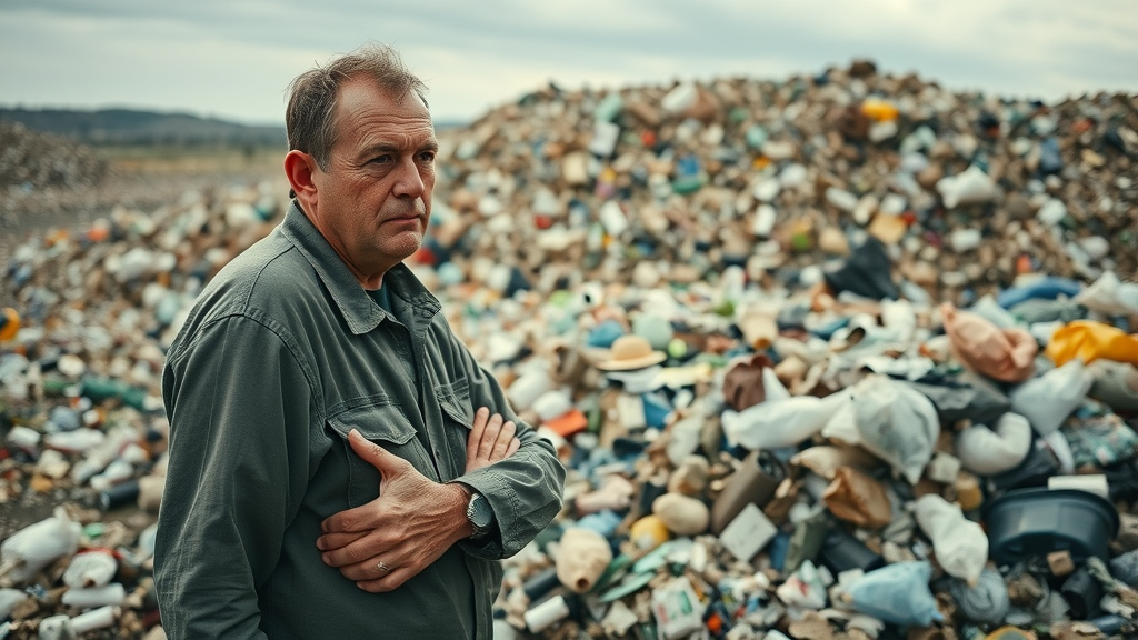 somber landfill worker examining mixed plastic waste, landfill overflowing with trash, recycling lies