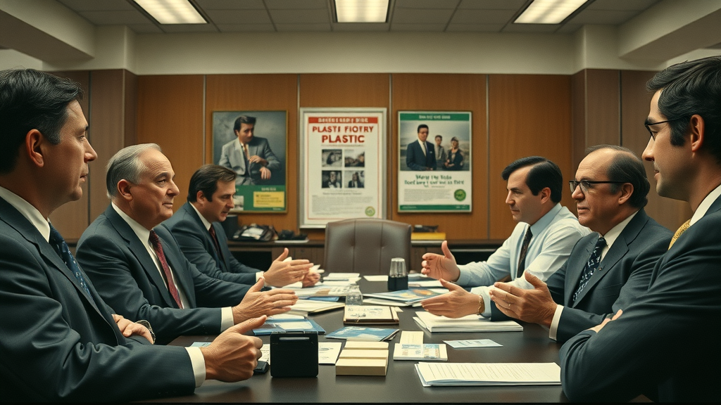 historical boardroom, executives planning plastic products and marketing, plastics industry origins of recycling lie