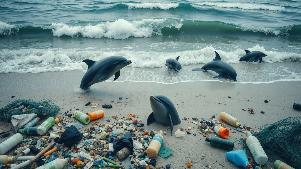 marine animals trapped in plastic waste, devastated seashore, global plastic crisis, recycling lies