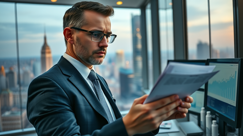 businessman reviewing reports on plastic production and recycling economics, financial district