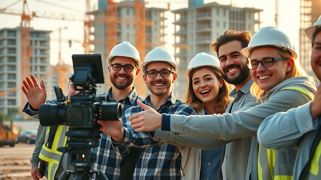 you tube traffic construction team filming video on a building site smiling confidently engaging with camera urban construction background cranes half-built structures warm sunlight