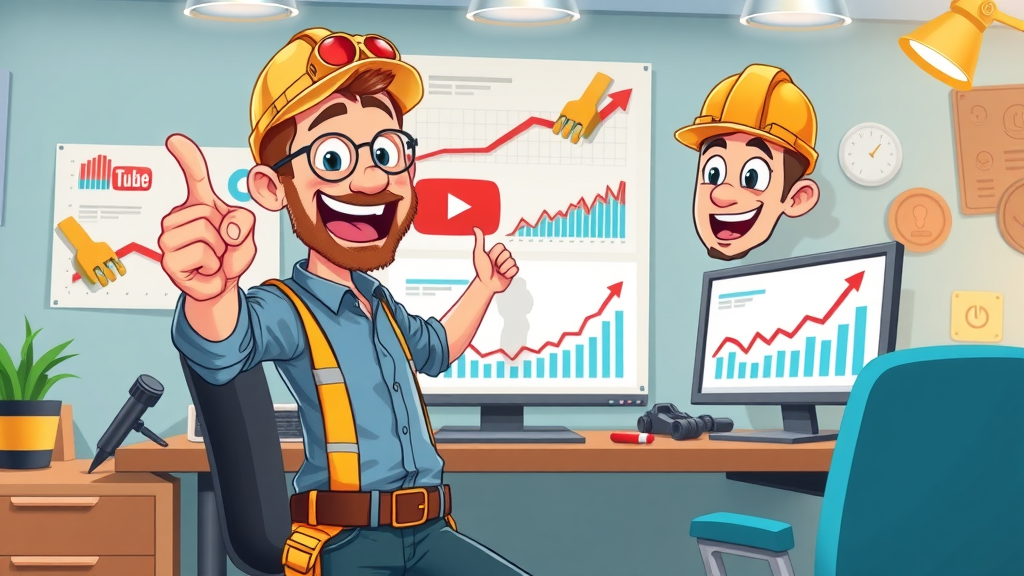 you tube traffic dynamic infographic illustration portraying youtube analytics for contractors traffic growth charts construction gear vibrant colors