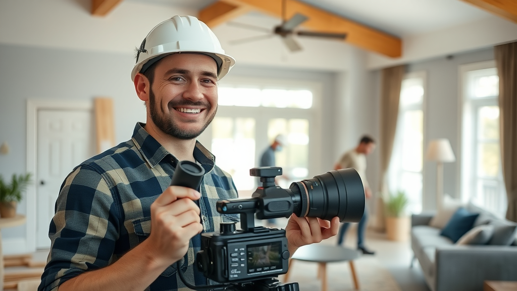you tube traffic energetic construction contractor camera equipment living room transformation workers in background natural colors