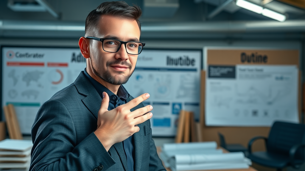 branded youtube video thumbnail contractor business professional confident digital tools workspace blueprints cool tones