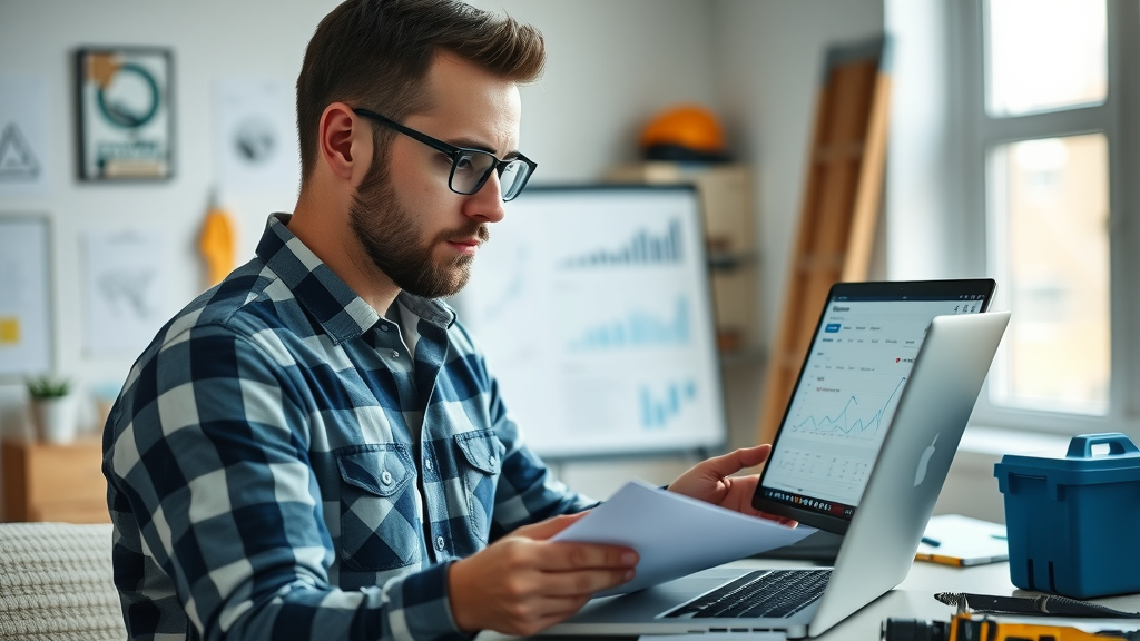 contractor reviewing youtube analytics dashboard on laptop home office charts performance metrics