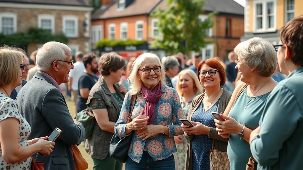local voice in Monmouthshire vibrant community gathering, residents of all ages discussing and collaborating in a lush town square with historic buildings