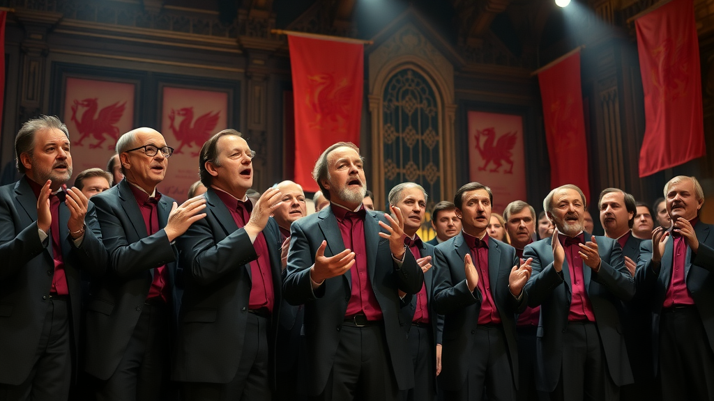 distinguished Welsh male voice choir, passionate singers performing in harmony on a stage with Welsh flags