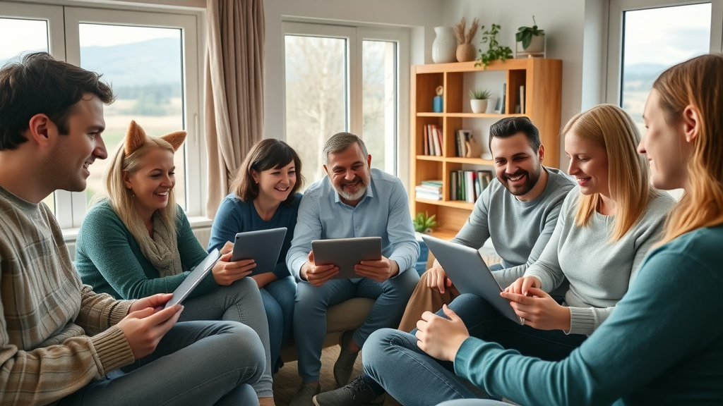 Inspiring Welsh community gathering online engaged in public voice online in Monmouthshire, people with natural expressions using laptops and tablets in a modern interior with local scenery