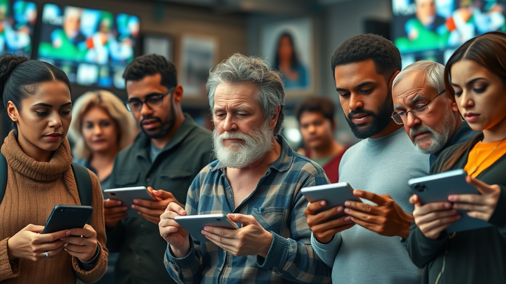 Dynamic digital activism in Monmouthshire showing civic participation via public voice online, young and old engaged with devices in a community center