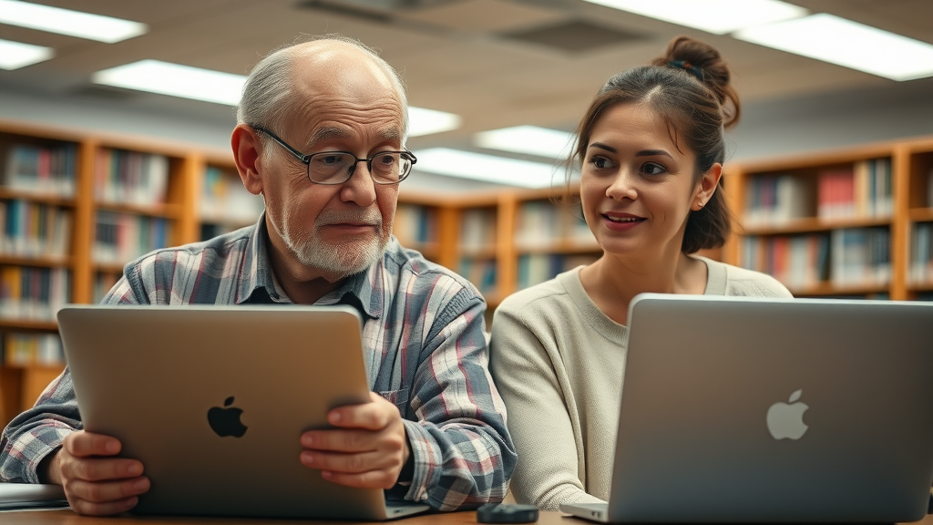 Elderly and young residents at a digital skills workshop in Monmouthshire, learning together to access public voice online platforms in a well-lit library