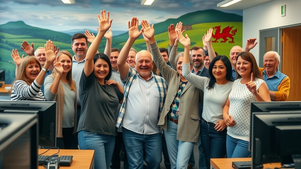 Diverse Monmouthshire residents in a community hub using computers and devices to participate in public voice online, natural lighting and high energy
