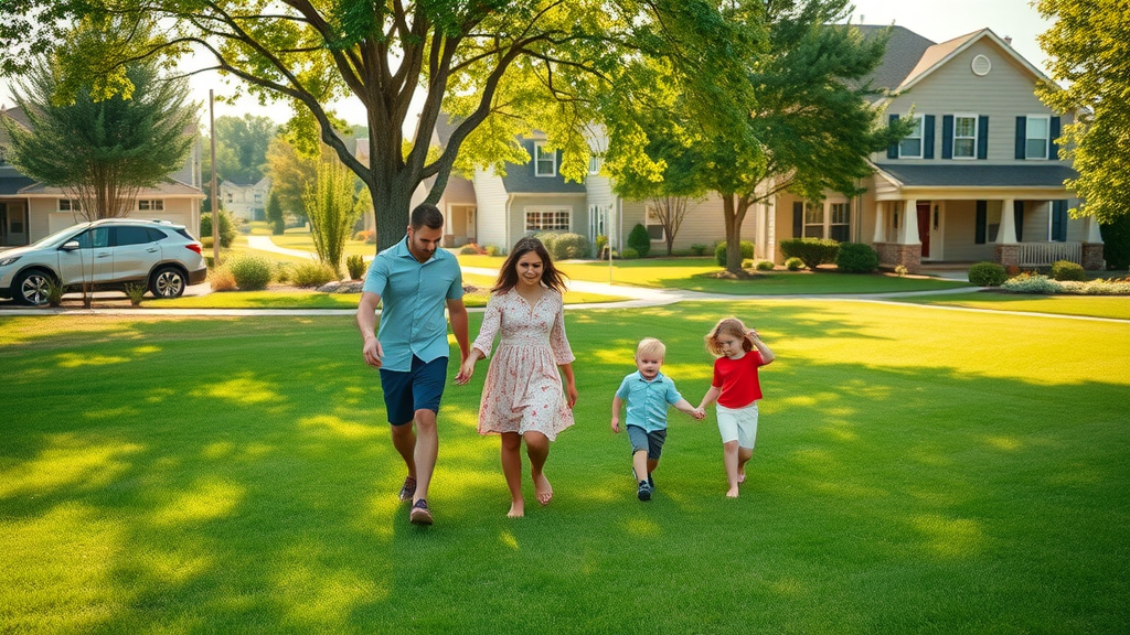 lush residential lawn in S, Paragould, AR, families enjoying vibrant and well-kept grass with neat suburban homes, green tones, and natural sunlight