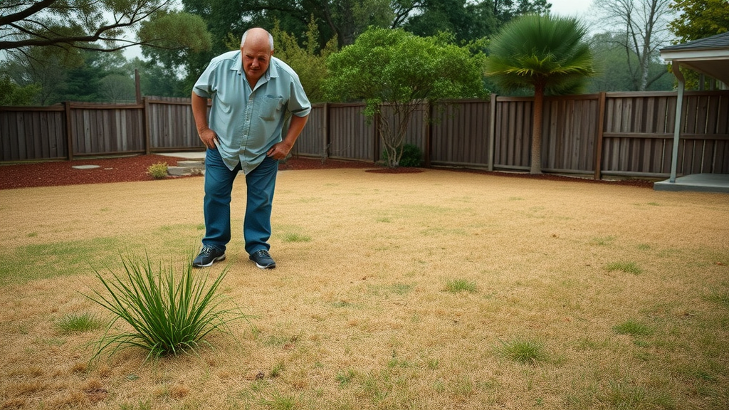 dry and patchy lawn in S, Paragould, AR with a concerned homeowner inspecting red clay soil in their Arkansas backyard