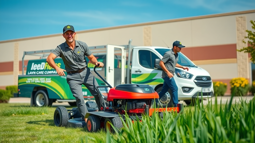 professional lawn care team in Paragould, AR, working efficiently with branded truck, equipment, uniforms, and clear blue sky