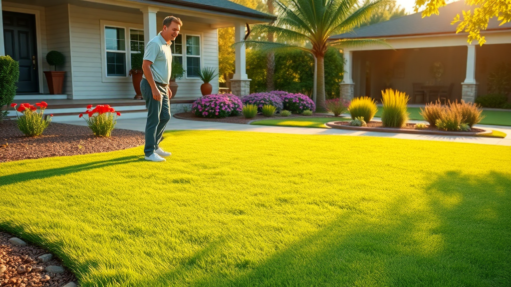 neatly edged and freshly mowed lawn in S, Paragould, AR, satisfied homeowner admiring healthy grass and colorful flower beds