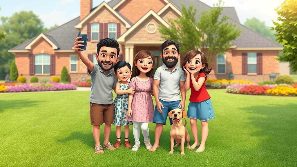 happy family in front of pristine lawn in S, Paragould, AR with vibrant flower beds, children and pets, and a charming Arkansas home