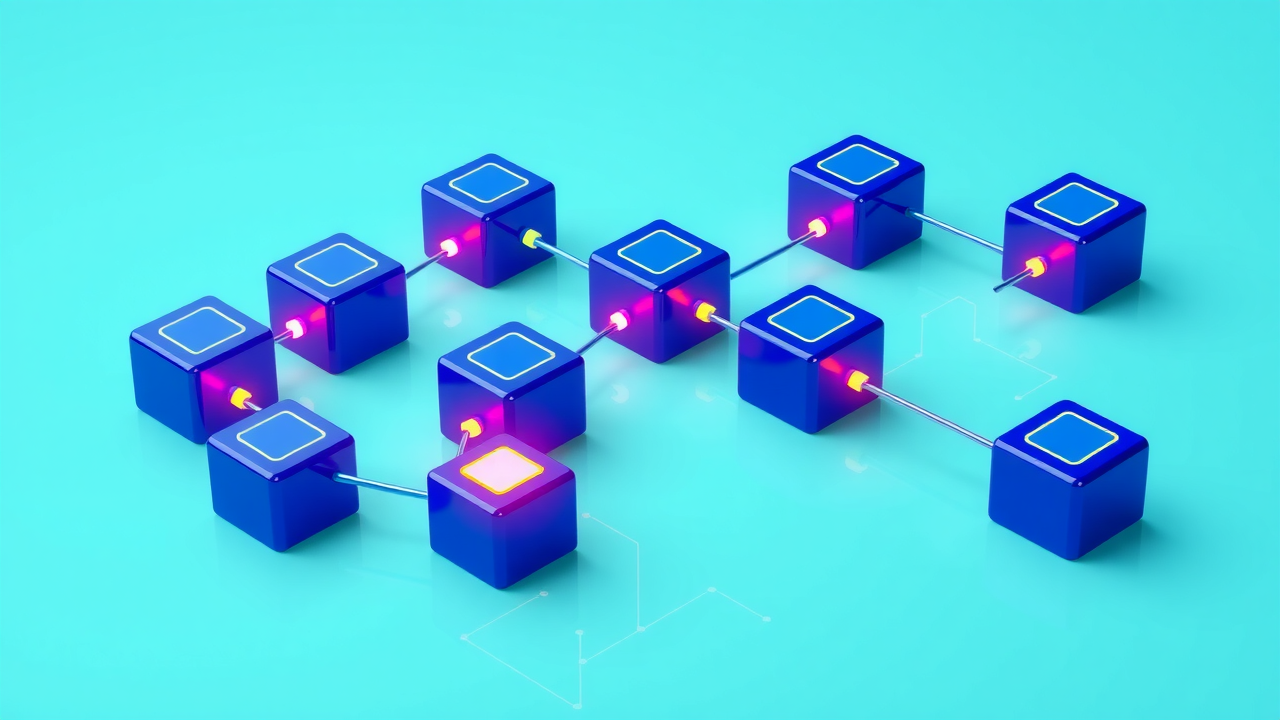 blocks connected in a digital chain representing what is blockchain with blue links and white background
