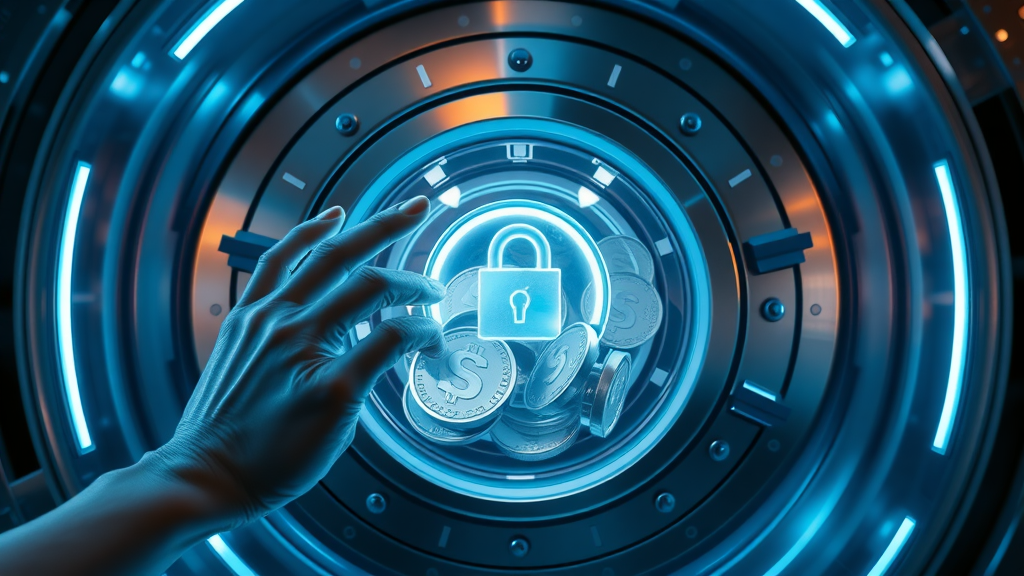 digital assets in a cyber vault, representing blockchain’s secure asset management, digital coins and tokens