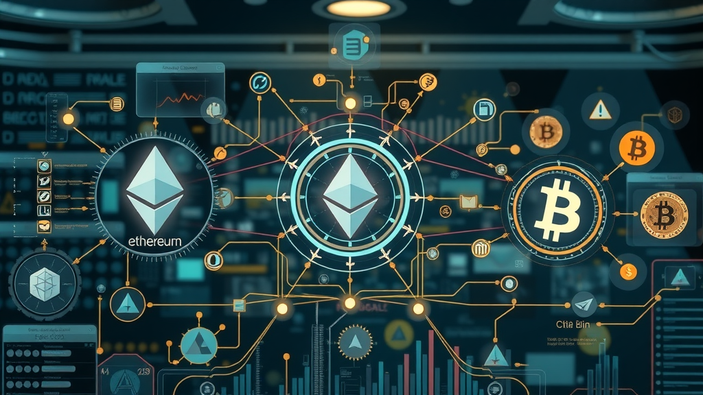 digital blueprints of major blockchain protocols: Bitcoin, Ethereum, Hyperledger, floating icons and diagrams