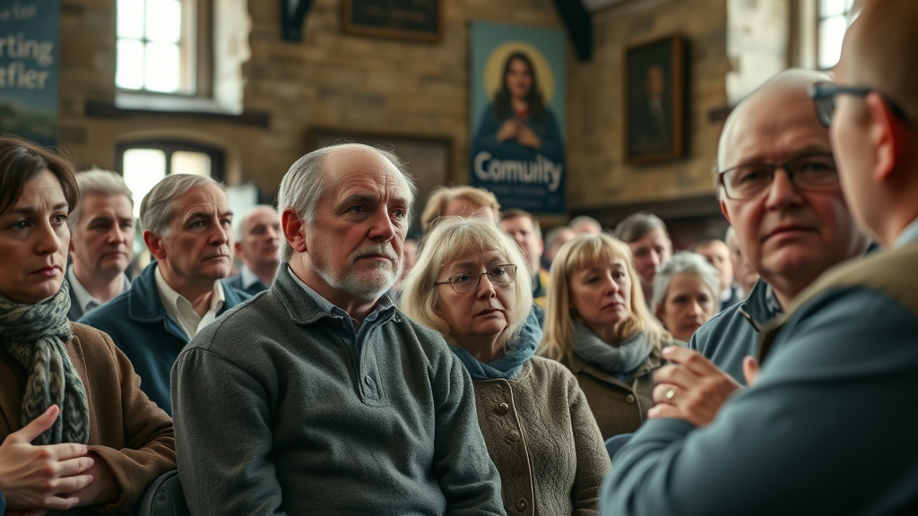 concerned Welsh residents gathered in a town hall, engaged expressions, listening to a passionate speaker; independant voice in monmouthshire, rustic Monmouthshire town hall interior, community engagement