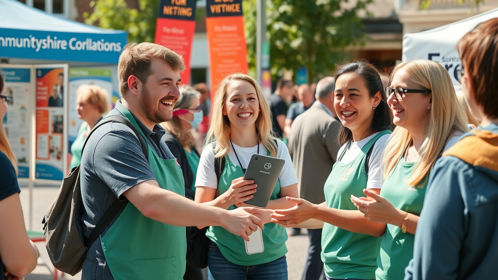 enthusiastic volunteers at a Monmouthshire community event, independant voice in monmouthshire, outdoor market setting in a Welsh town square