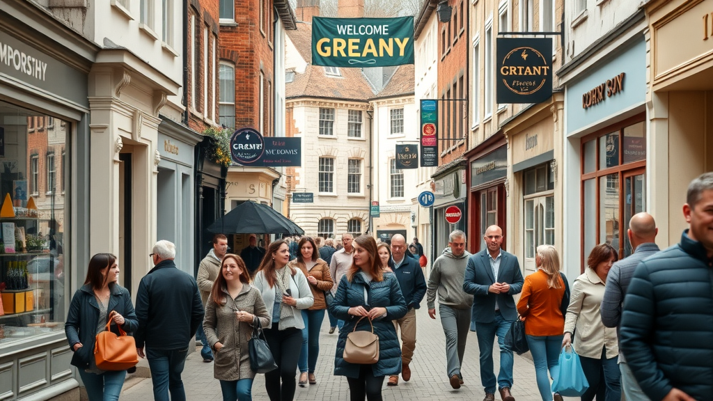 vibrant Monmouthshire high street with diverse local businesses, business voice in monmouth and monmouthshire, bustling town center with shoppers and business owners interacting, historic architecture, welcoming atmosphere, shot with a 35mm lens, warm natural daylight