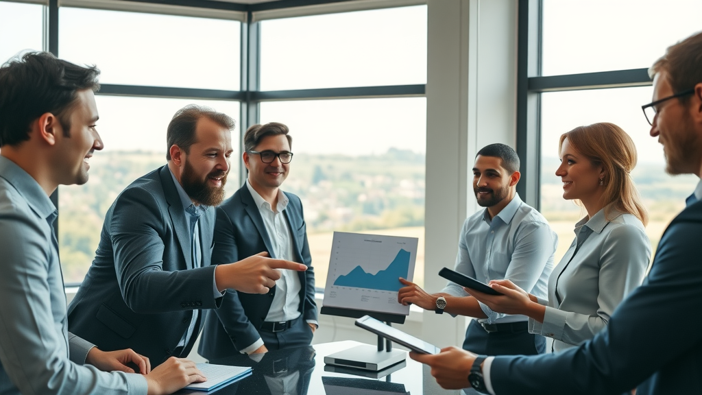 modern business team collaborating in a conference room, discussing business voice in monmouth and monmouthshire, bright windows showing Monmouthshire landscape, people pointing at charts and digital devices, sharp focus, wide-angle lens