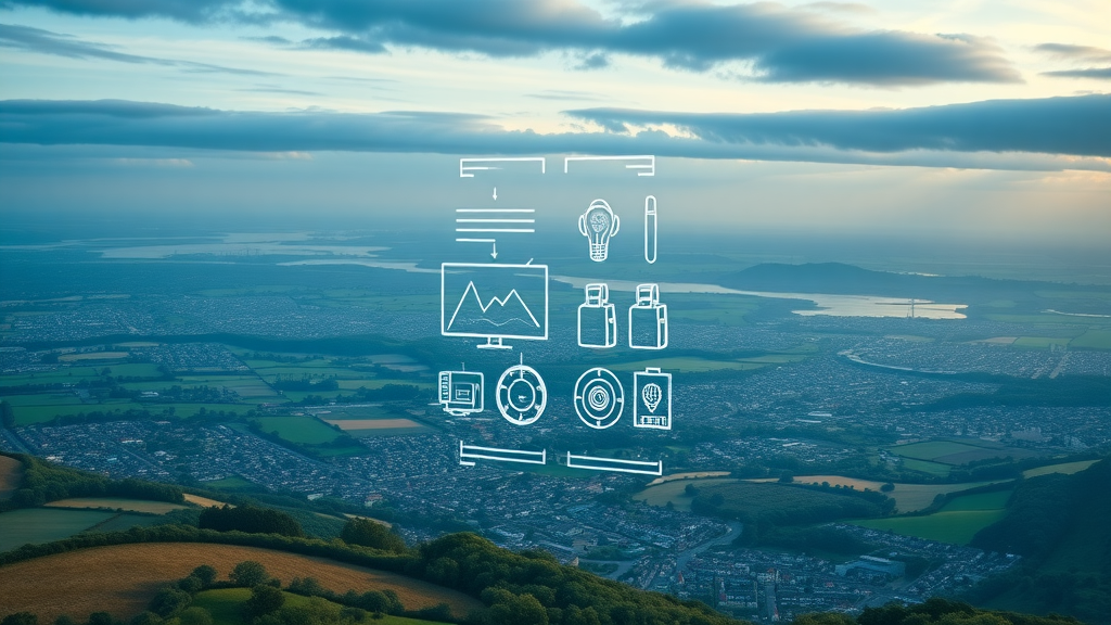 panoramic view of Monmouthshire and Torfaen, futuristic business icons overlay, business monmouthshire and torfaen and monmouthshire business, rural and urban background, subtle infographics, drone perspective