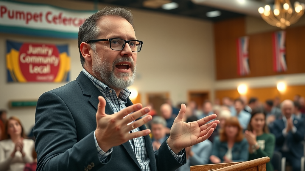 confident small business owner giving a speech at a local Monmouthshire event, business voice in monmouth and monmouthshire, community hall setting with banners, detailed, people applauding, spotlight effect