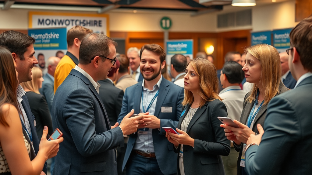 business people at local networking event, exchanging business cards and ideas, business voice in monmouth and monmouthshire, Monmouthshire decor, warm overhead lighting, detail, 50mm lens