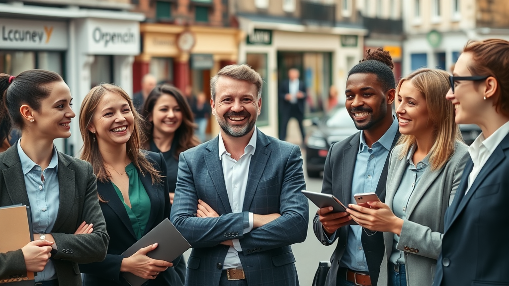 Business professionals discussing in Abergavenny town center, surrounded by local shops and historical buildings, representing business voice in Abergavenny and Monmouthshire