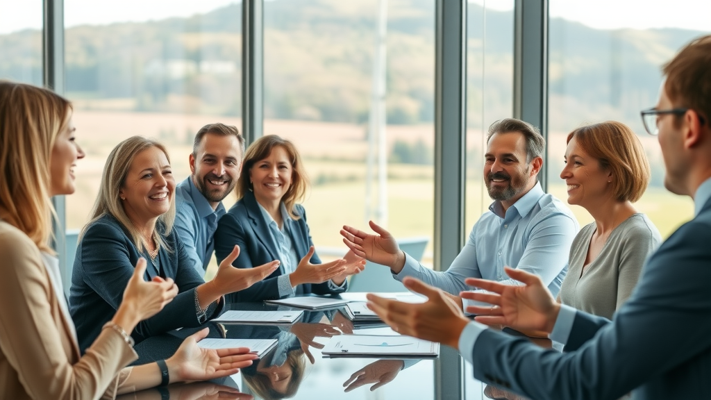 Business leaders meeting in modern conference room overlooking Welsh countryside, collaborative discussion representing business voice in Monmouthshire