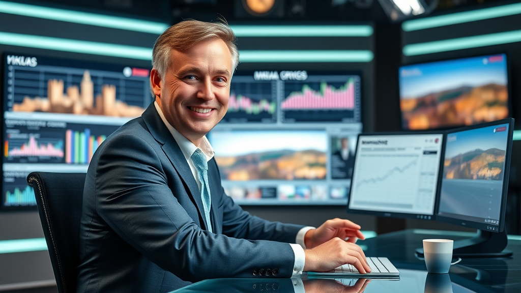Confident presenter in modern digital media studio with business reports and Monmouthshire landmarks on screen, illustrating business voice transparency
