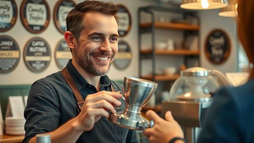 Small business owner in Abergavenny café, serving customer and displaying local community awards, demonstrating benefit of business voice initiatives