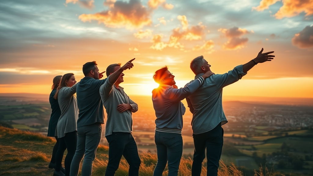 Group of entrepreneurs looking at Monmouthshire landscape, symbolising forward-thinking business voice initiatives and regional growth