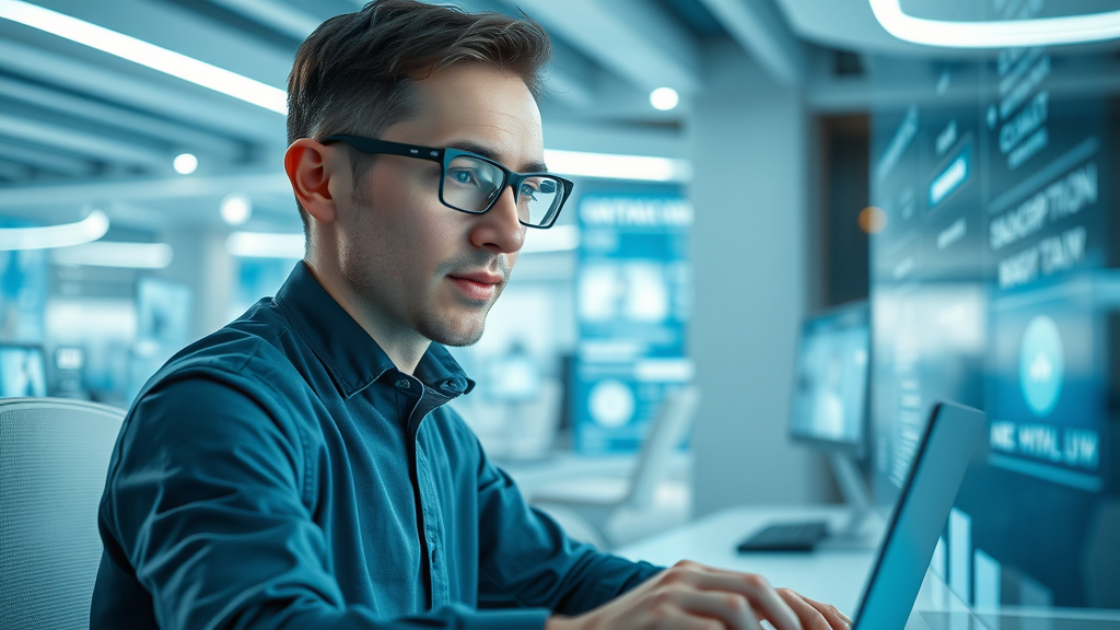 Futuristic internet user thoughtfully exploring AI Overviews Google via an advanced digital search interface, with holographic screens and streaming search data. Crisp white and blue color palette, cinematic lighting.