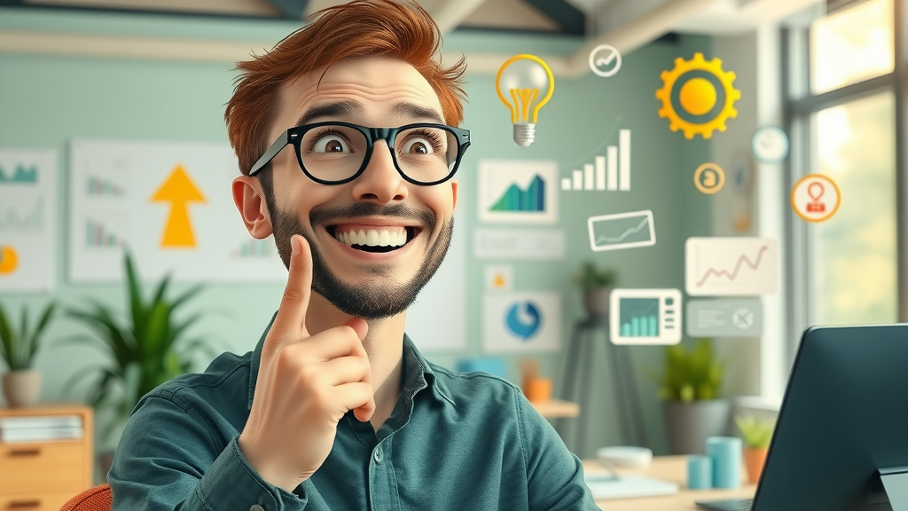 Innovative digital marketer brainstorming AI content strategies for Google Search using vibrant charts and floating strategy icons. Lively office in greens and yellows.