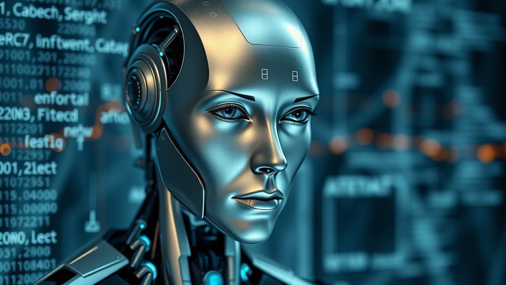 Sleek artificial intelligence model processing vast data for Google Search answers, glowing code streams in the background. Metallic silver and blue, photorealistic.